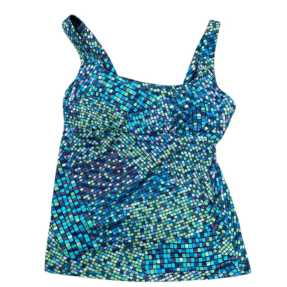 Lands End Tankini Top Womens 6D Blue Green Tile Geometric Mosaic Square Beach